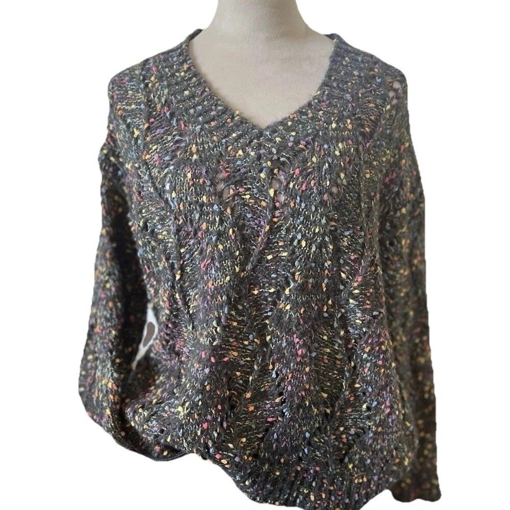 Adora Sweater Gray Multi Color Flecks Chunky Knit VNeck Long Drop Sleeve Medium
